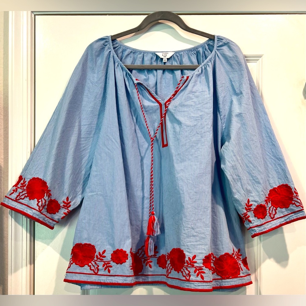 crown & ivy Blue Blouse with Red Embroidery